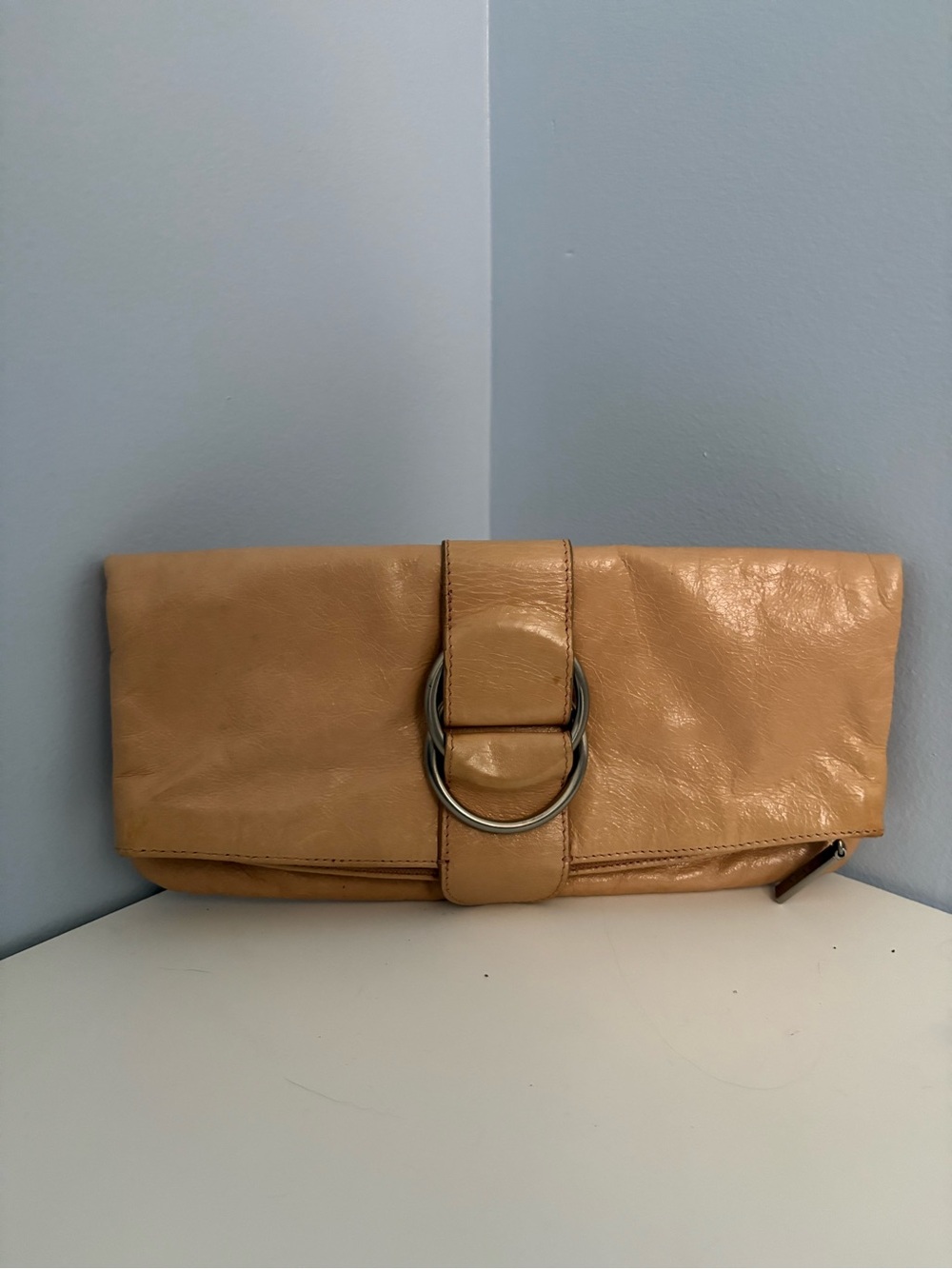 HOBO Peach Leather Fold-Over Clutch Bag with paisley lining & Ring Accent